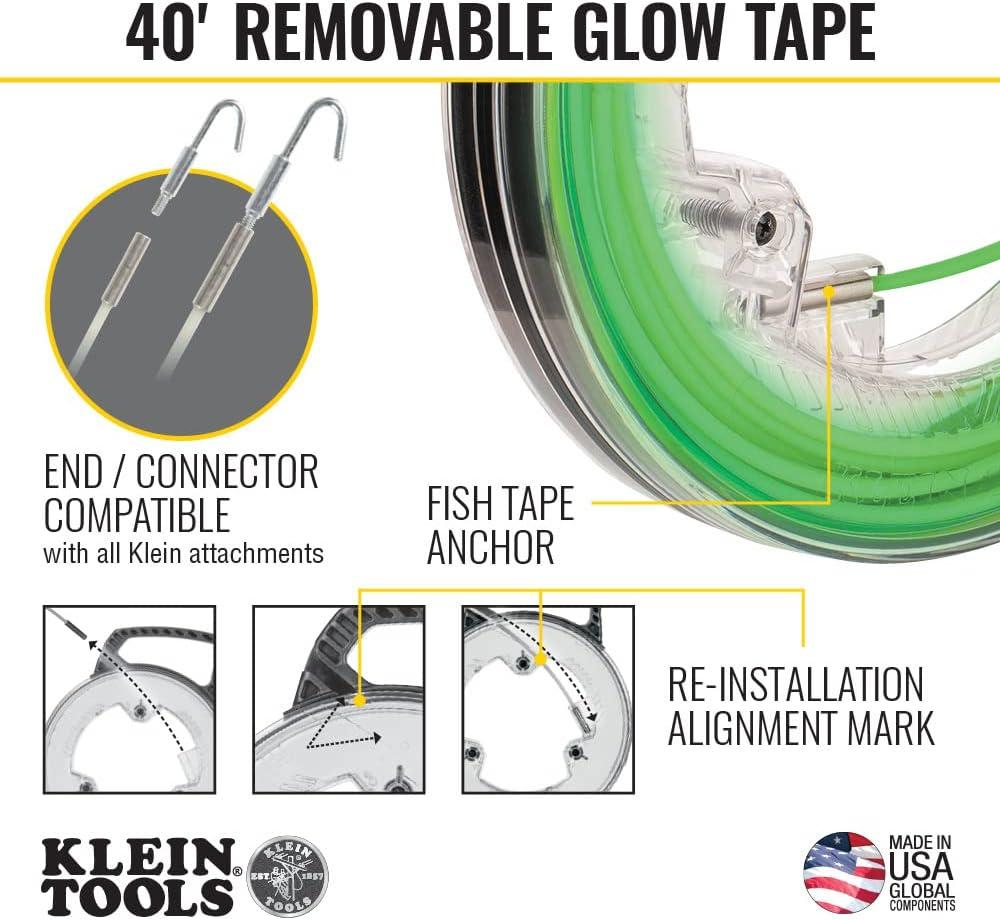imageKlein Tools 50550 GlowintheDark Fish Tape Made in USA Fiberglass with Nylon Tip and StainlessSteel Connector Ideal for Fish Rod 20Foot40Foot Glow Fishtape