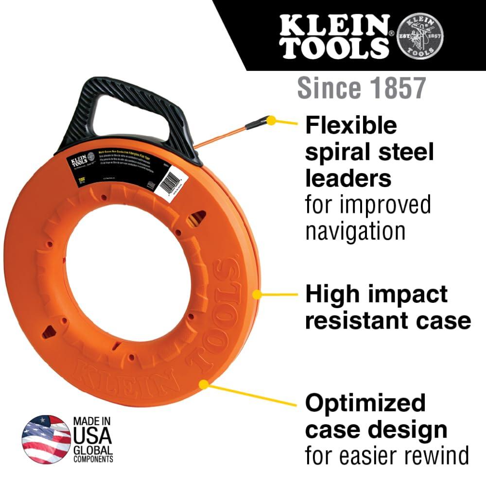 imageKlein Tools 56014 NonConductive Fish Tape Fiberglass Made in USA Flexible for Conduit Measuring as Pull Line 200Foot Long x 316Inch WideMultigroove