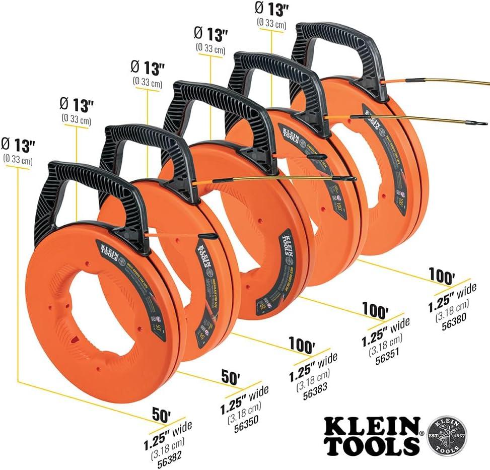 imageKlein Tools 56350 NonConductive Electrical Fish Tape Fiberglass Wire Puller Steel Leader Optimized Housing and Handle 50Foot x 316Inch