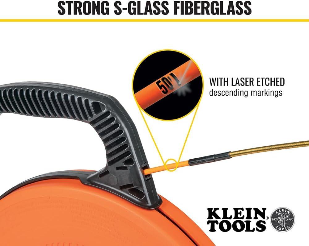 imageKlein Tools 56350 NonConductive Electrical Fish Tape Fiberglass Wire Puller Steel Leader Optimized Housing and Handle 50Foot x 316Inch