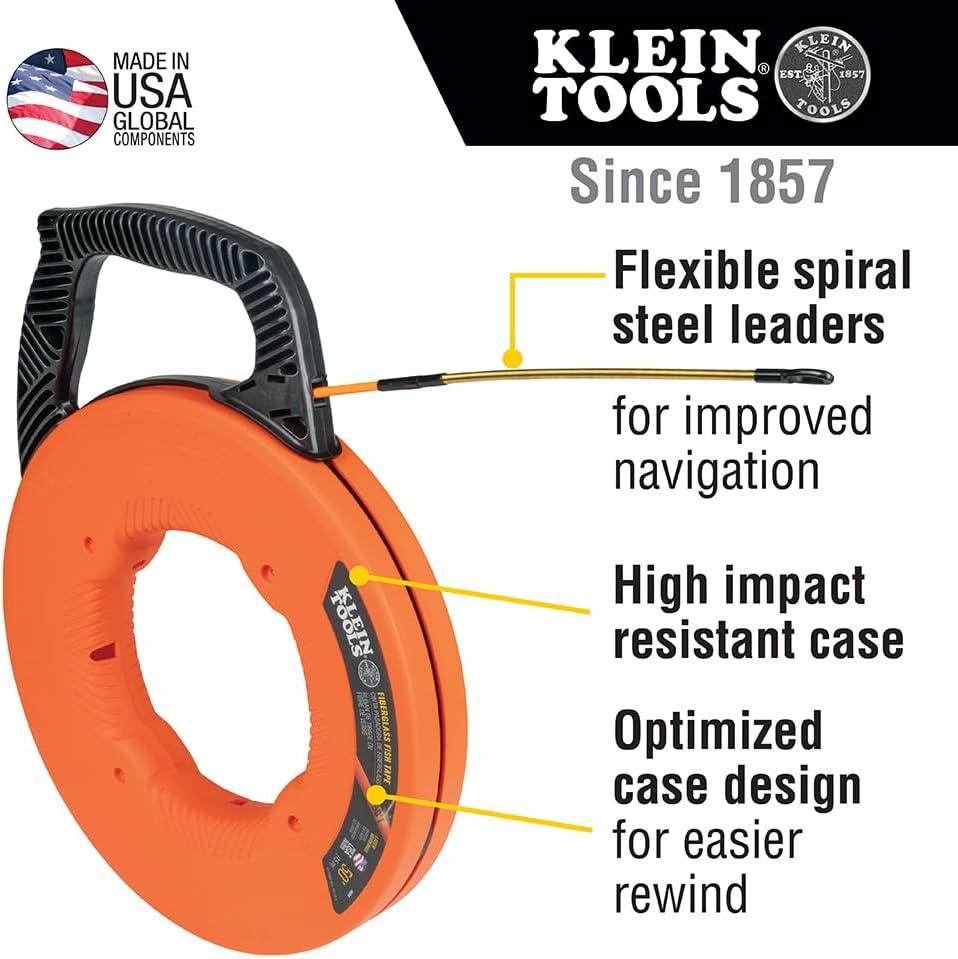 imageKlein Tools 56350 NonConductive Electrical Fish Tape Fiberglass Wire Puller Steel Leader Optimized Housing and Handle 50Foot x 316Inch