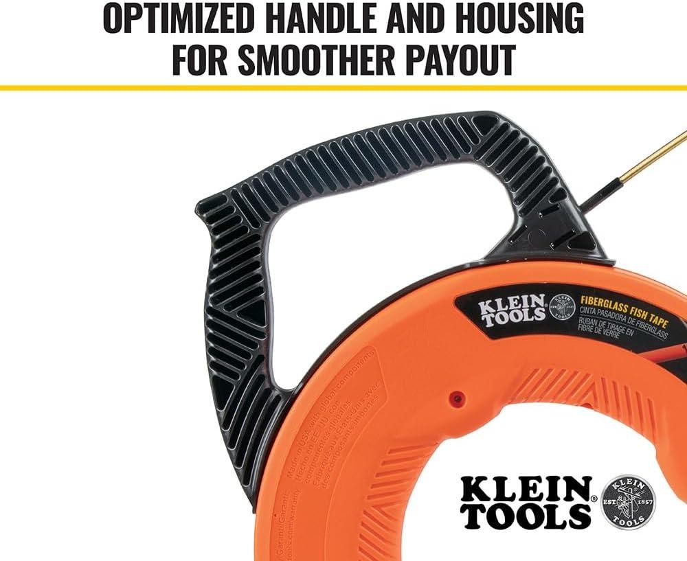 imageKlein Tools 56351 NonConductive Electrical Fish Tape Fiberglass Wire Puller wSteel Leader Optimized Housing 100Foot x 316InchFiberglass