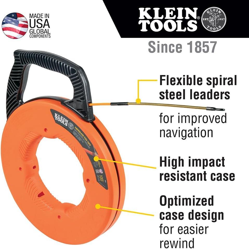 imageKlein Tools 56351 NonConductive Electrical Fish Tape Fiberglass Wire Puller wSteel Leader Optimized Housing 100Foot x 316InchFiberglass