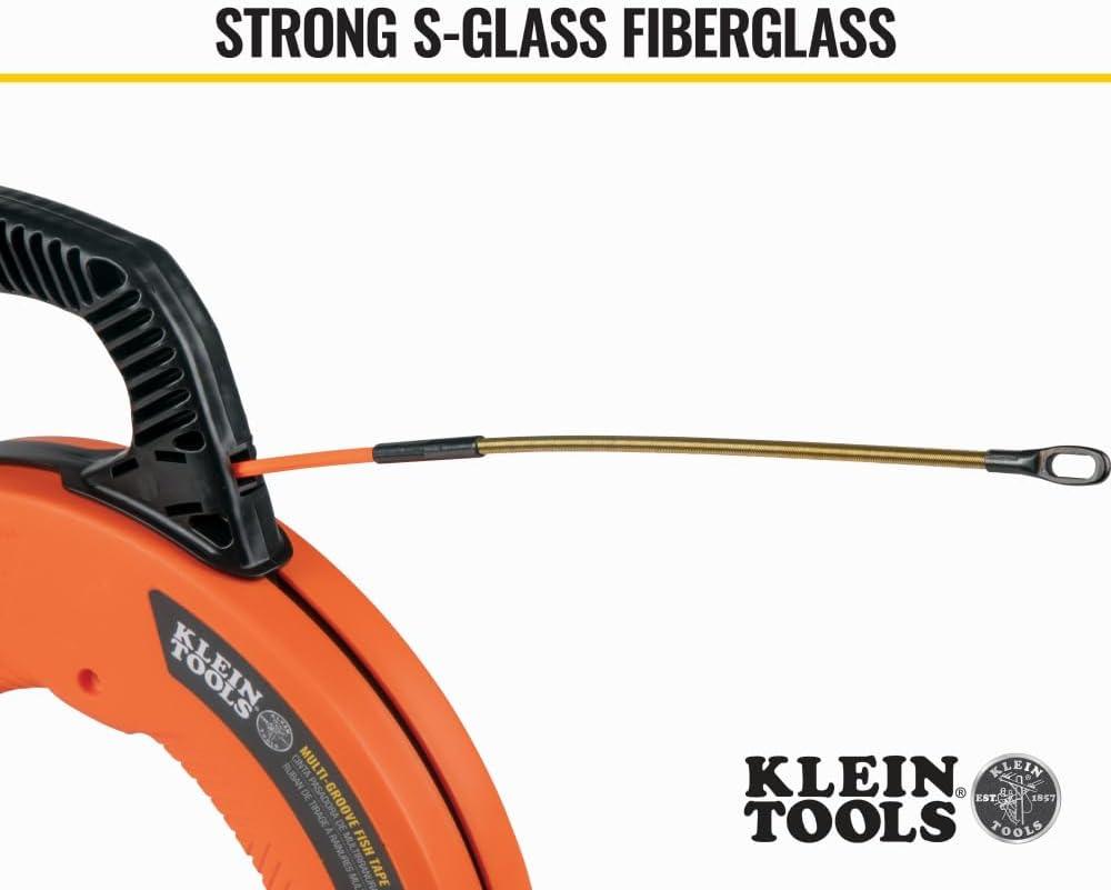 imageKlein Tools 56351 NonConductive Electrical Fish Tape Fiberglass Wire Puller wSteel Leader Optimized Housing 100Foot x 316InchMultigroove