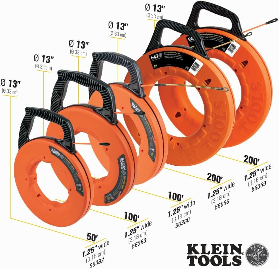 imageKlein Tools 56351 NonConductive Electrical Fish Tape Fiberglass Wire Puller wSteel Leader Optimized Housing 100Foot x 316InchMultigroove