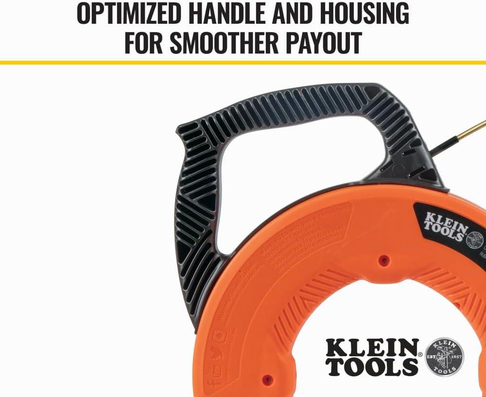 imageKlein Tools 56351 NonConductive Electrical Fish Tape Fiberglass Wire Puller wSteel Leader Optimized Housing 100Foot x 316InchMultigroove