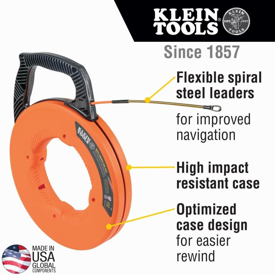 imageKlein Tools 56351 NonConductive Electrical Fish Tape Fiberglass Wire Puller wSteel Leader Optimized Housing 100Foot x 316InchMultigroove