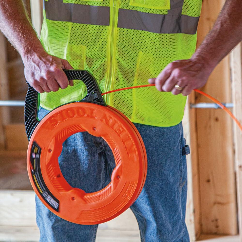 imageKlein Tools 56351 NonConductive Electrical Fish Tape Fiberglass Wire Puller wSteel Leader Optimized Housing 100Foot x 316InchMultigroove