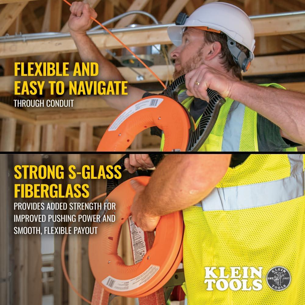 imageKlein Tools 56351 NonConductive Electrical Fish Tape Fiberglass Wire Puller wSteel Leader Optimized Housing 100Foot x 316InchMultigroove