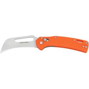 imageKlein Tools 44056 Pocket Knife Stainless Steel Hawkbill Blade for Cable Skinning and Line Work Bar Lock Orange Handle with Lanyard Hole