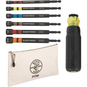 imageKlein Tools 80182 Ratcheting ImpactRated Hollow Power Nut Driver Set with Handle Magnetic 6 SAE Hex Sizes plus Zipper Canvas Tool Bag 125 x 7 x 07Inch 8Piece