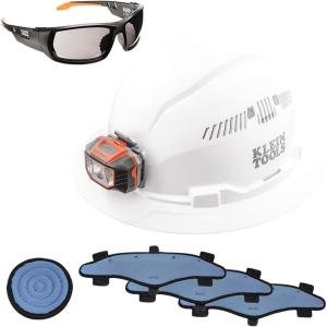 imageKlein Tools 80084 Hard Hat and Accessories Kit Vented Full Brim Hard Hat Headlamp Sweat Band Top Pad and Tinted Safety Glasses 5Piece