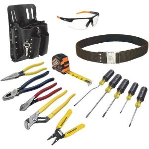 imageKlein Tools 80014 Electrician Tool Kit with Klein Hand Tools and Eye Protection Comes in 8Pocket Leather Tool Pouch 14Piece