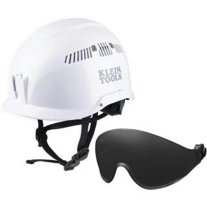 imageKlein Tools Safety Helmet Vented Class C Safety Hard Hat Removable Chin Strap Adjustable VentsWhite Hardhat with Gray Visor
