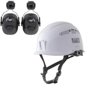 imageKlein Tools Safety Helmet Vented Class C Safety Hard Hat Removable Chin Strap Adjustable VentsWhite Safety Helmet w  Earmuffs