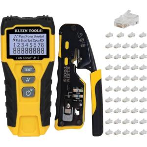 imageKlein Tools 80072 RJ45 Cable Tester Kit with LAN Scout Jr 2 Coax Crimper  Stripper  Cutter Tool and 50Pack PassThru Modular Data PlugsCable Tester Kit