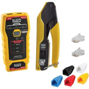 imageKlein Tools 80093 Cable Tester VDV LAN Kit with LAN Tester Pass Thru Crimper CAT6CAT5e Plugs and Strain Relief Boots 5PieceTester Kit