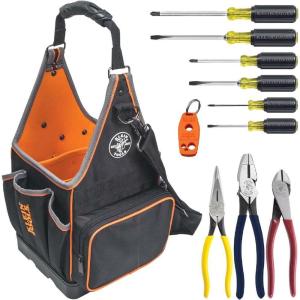 imageKlein Tools 80127 Tool Bag Kit features Tradesman Pro Tool Tote 3 Pliers 6 Screwdrivers and Demagnetizer  Magnetizer 11Piece11Piece Kit