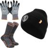 imageKlein Tools 80111 Winter Knit Hat Kit Features Knit Beanie Thermal Dipped Winter Gloves and Performance Thermal Socks Large 3Piece