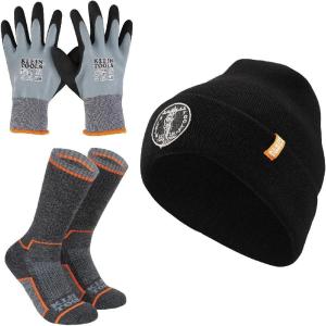 imageKlein Tools 80111 Winter Knit Hat Kit Features Knit Beanie Thermal Dipped Winter Gloves and Performance Thermal Socks Large 3Piece