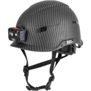 imageKlein Tools 60515 Safety Helmet NonVented Class E with Rechargeable Lamp and Chin Strap Premium KARBN Pattern Tested up to 20kVHelmet