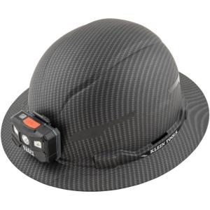 imageKlein Tools Hard Hat NonVented Full Brim Premium KARBN Pattern Class E Tested up to 20kV Padded SweatWicking Sweatband Top PadHard Hat wRechargeable Light