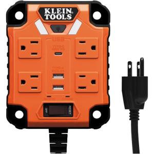 imageKlein Tools 29601 Magnetic Power Strip with Surge Protector Extension Cord 4 Outlets 3 USB Ports 5Foot Cord Power Supply Box with Light PowerBox 1 Heavy Duty