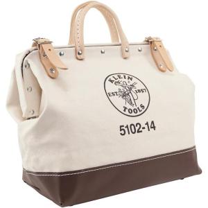 imageKlein Tools 510216 Heavy Duty Natural Canvas Tool Bag Tool Tote MultiPurpose Bag with Wide Hinged Opening and Leather Handles 16Inch14Inch