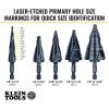 imageKlein Tools KTSBSPRO Premium 3Piece Electricians Step Bit Set with Cutting Oil Modular Case 38Inch Hex Shank Straight Double FlutedQuick Release