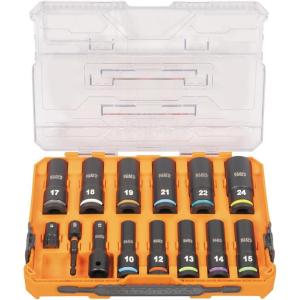 imageKlein Tools 65111IMPCTM KNECT Deep Well Impact Socket Set 12Inch Drive Metric Color Coded MODbox Case Impact Adapter and Extension 14PieceMetric
