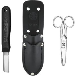 imageKlein Tools 46037 Cable Splicers Kit with Electricans Scissors Cable Splicer Knife and 2Pocket Lather Pouch Scissors with Wire Stripping Notches Strips 19 and 23 AWG Wire 3PieceCable Splicers Kit