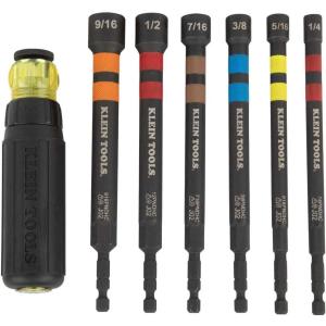 imageKlein Tools 32950 Ratcheting Impact Rated Hollow Power Nut Driver Set with Handle Magnetic Color Coded 6 SAE Hex Sizes and Handle Included