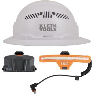 imageKlein Tools 80168 FullBrim Hard Hat Set Class C Vented White Hard Hat with Rechargeable WideBeam Headlamp and Lithiumion Battery 3Piece