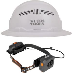 imageKlein Tools 80170 FullBrim Hard Hat Set Class C Vented White Hard Hat Rechargeable Portable Cooling Turbo Fan with Lithiumion Battery 3PieceHard Hat wTurbo Fan